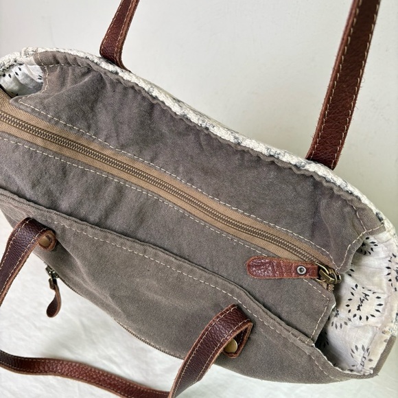 MYRA BAG Solemn Aztec Diamond Tote Bag Canvas Leather Double Strap Boho Neutral - Picture 14 of 17